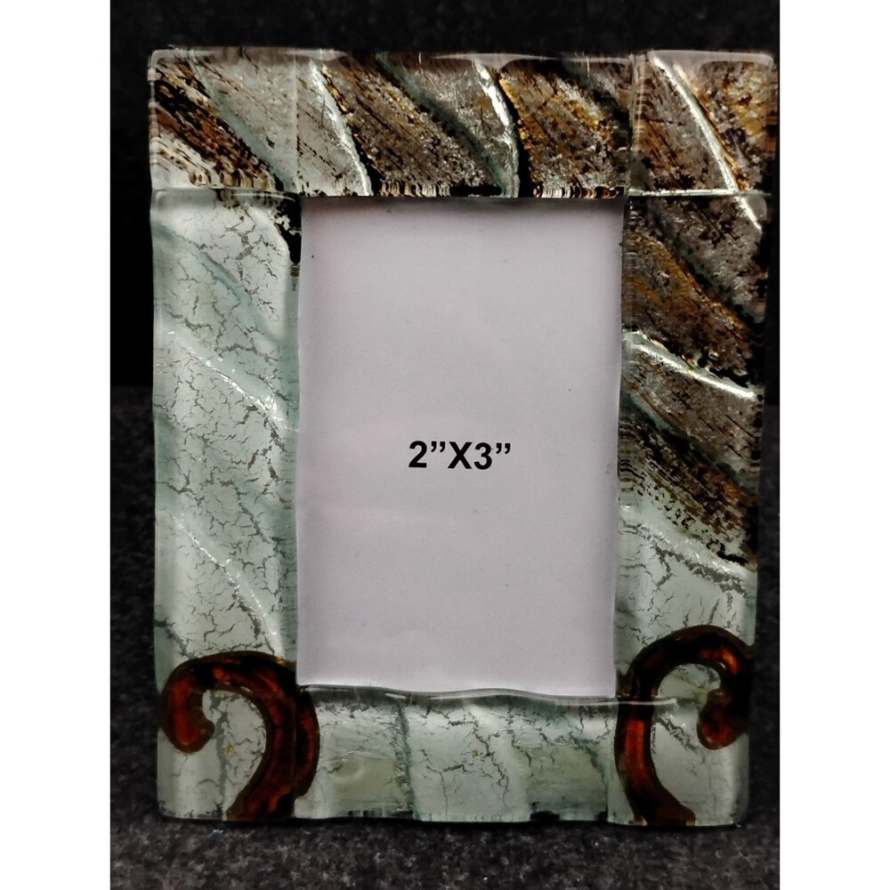 Murano Art Glass Deco Collection Photo Picture Frame Aqua Metallic with Box